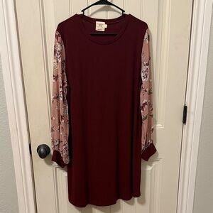 Elegant Burgundy Long Sleeve Dress with Floral Details